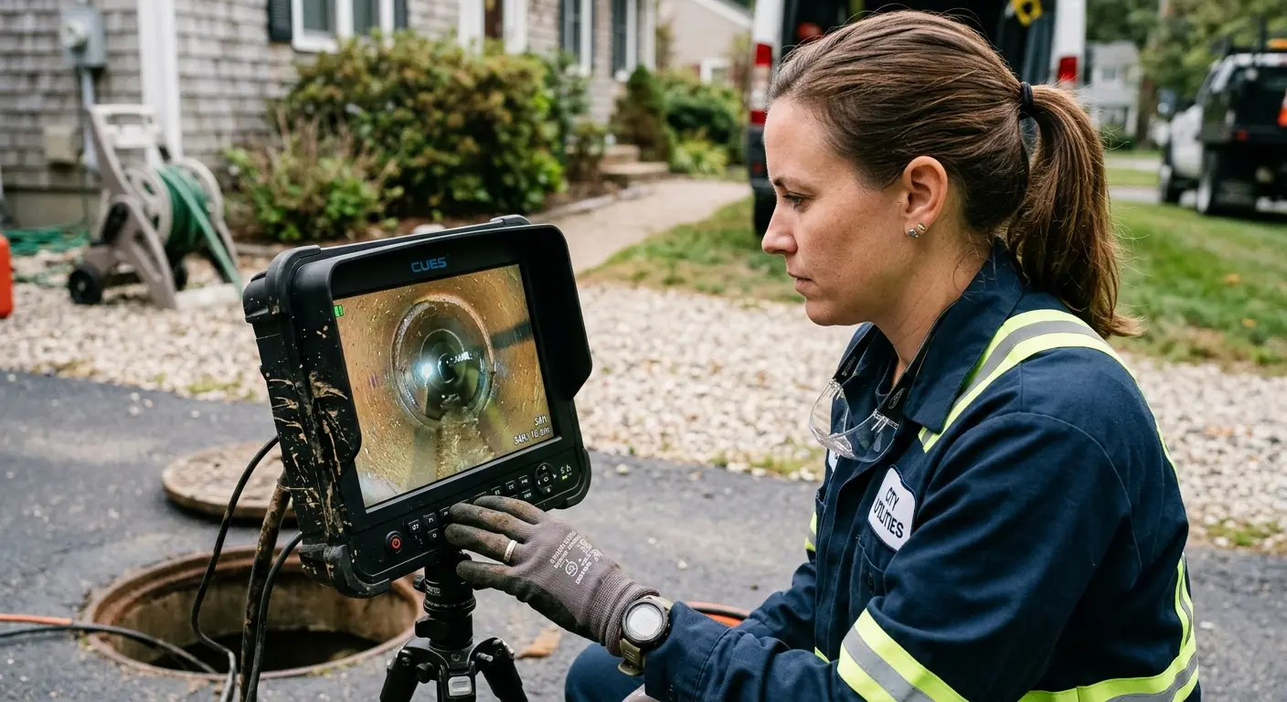 Technician reviewing sewer camera inspection footage in Blacksburg