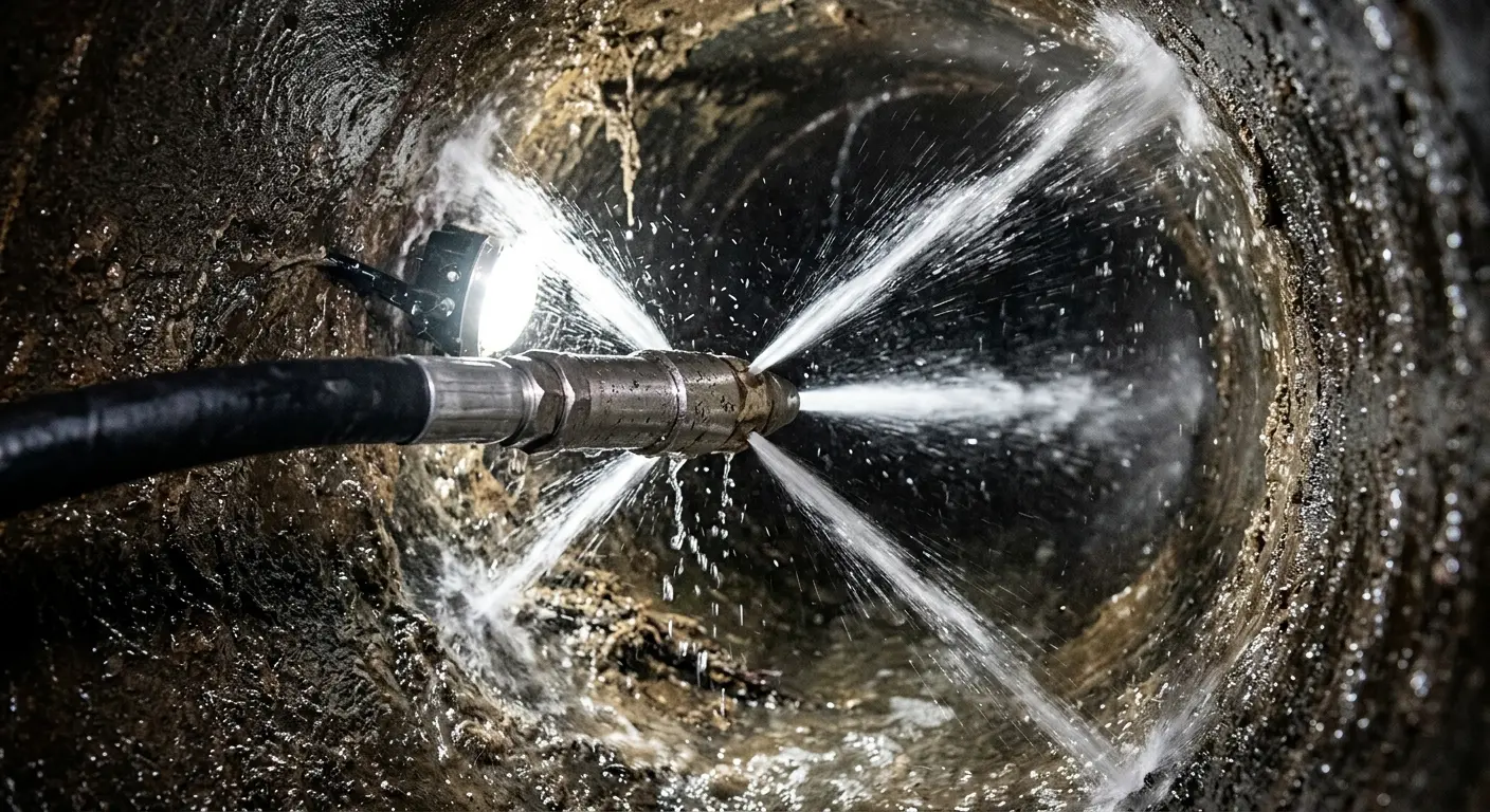 High-pressure hydro jetting nozzle cleaning sewer pipe for Storm Drain Cleaning in Blacksburg