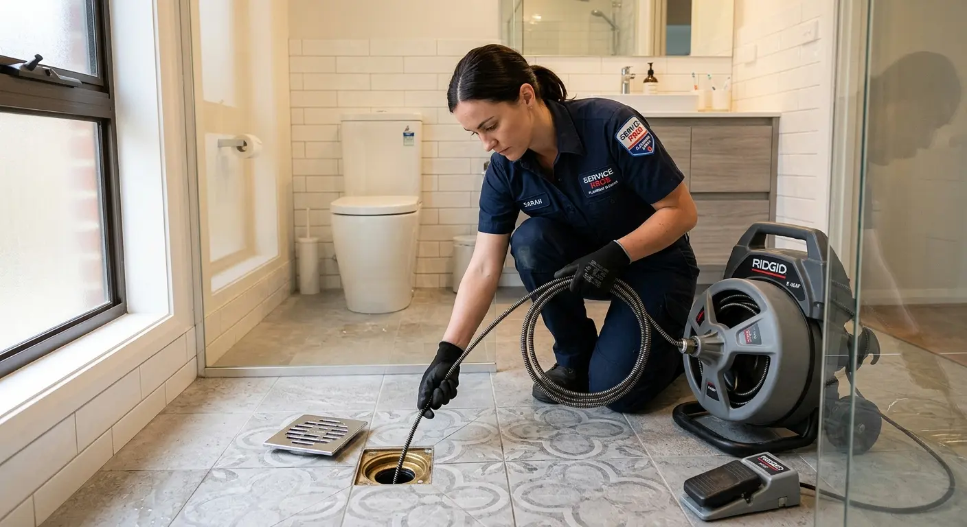 Technician clearing a bathroom floor drain for Drain Cleaning in Blacksburg